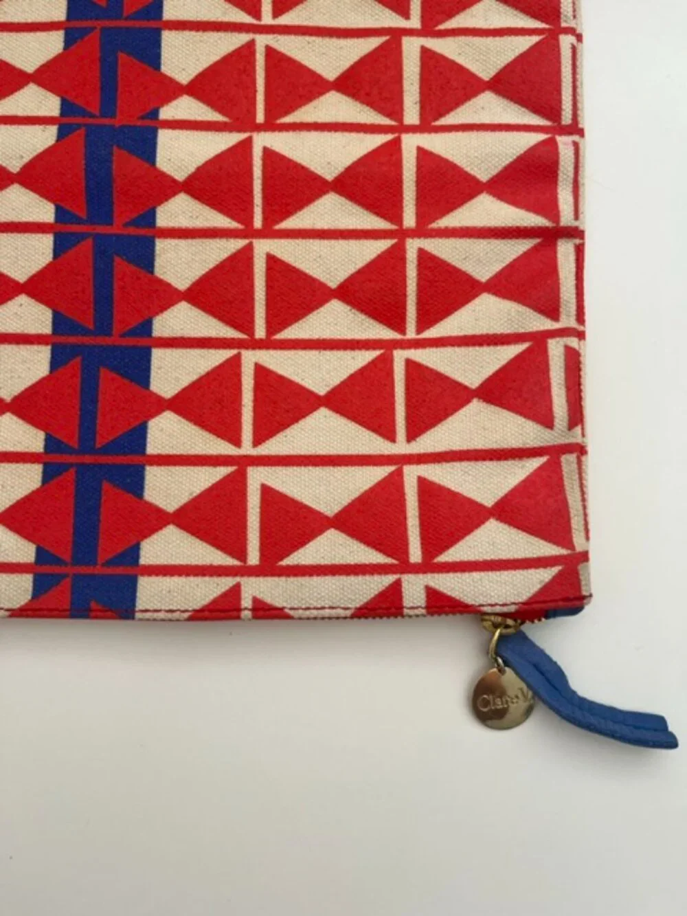 Clare V. Foldover Clutch in Geometric Red Blue Canvas